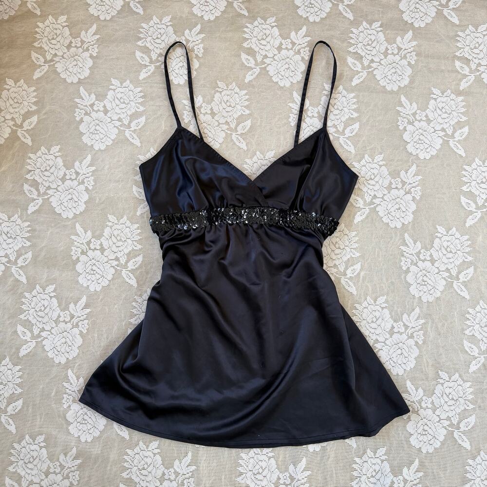 Express Y2K Black Satin Sequin Babydoll Top Size S